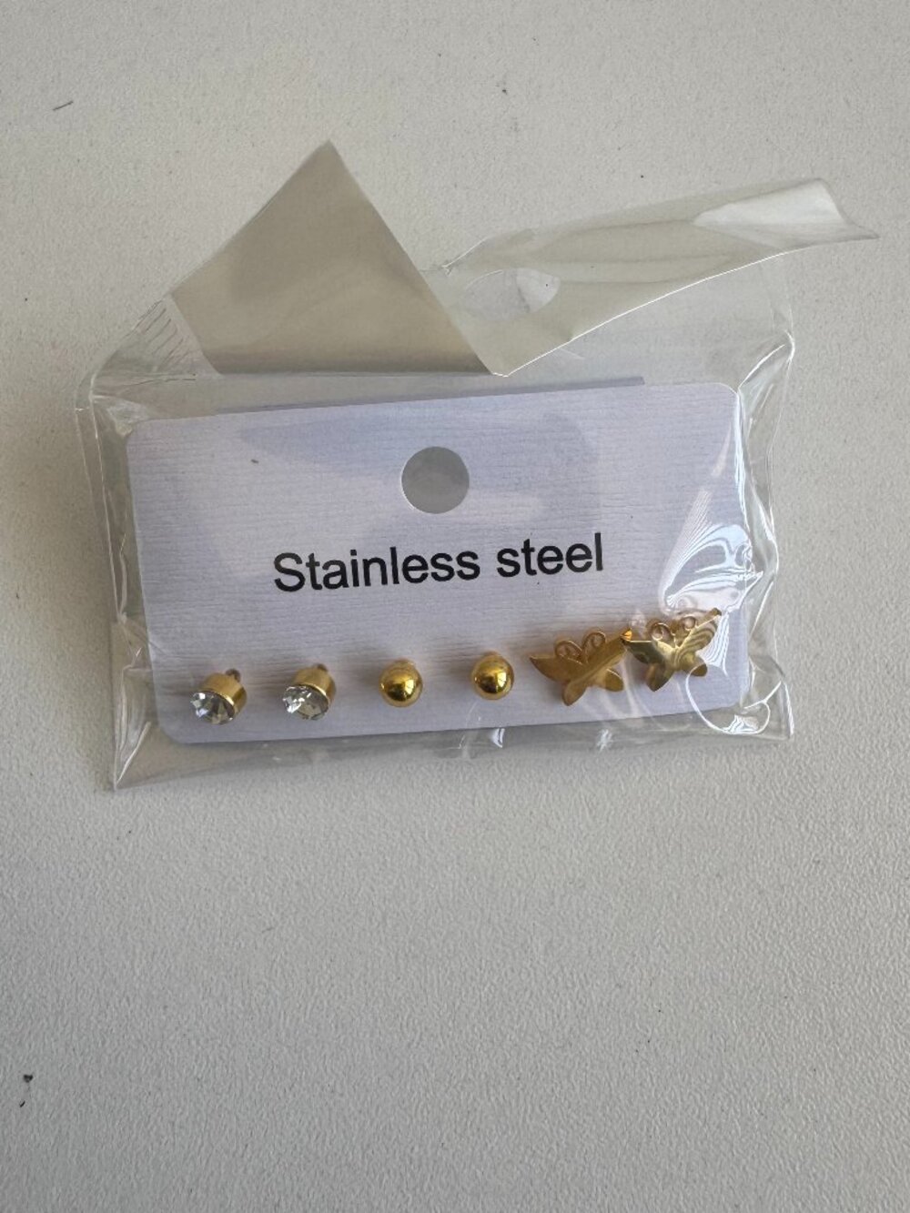 Gold Stainless Steel Stud Earrings Set Rhinestone Ball & Butterfly Multi Pack